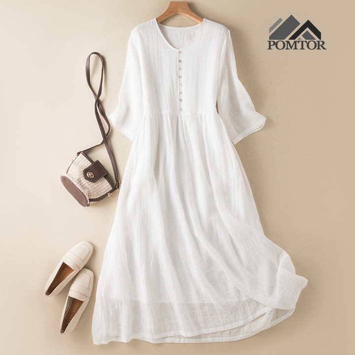 POMTOR 여름  여성 빅사이즈 브이넥  면  미디엄 슬리브  원피스