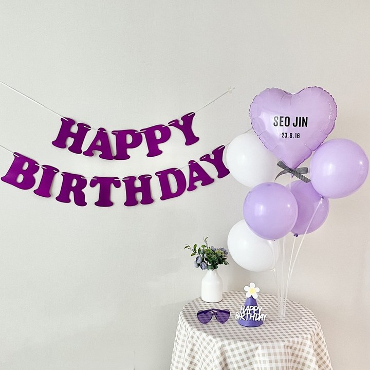 연지마켓 생일가랜드 생일 파티 용품 세트 하트 풍선 자유레터링, 1세트, 퍼플가랜드 연지마켓 생일가랜드 생일 파티 용품 세트 하트 풍선 자유레터링, 1세트, 퍼플가랜드