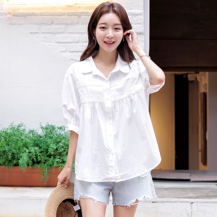 키첼 레이스 배색 퍼프 소매 반팔 블라우스