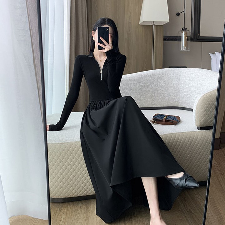 DarjinQD 가을겨울 여성 지퍼 V넥 블랙 롱 원피스 심플 데일리 원피스