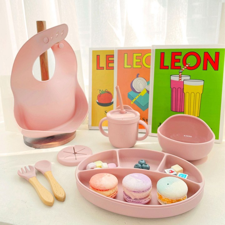 아기돌선물 어부바바 실리콘 유아 식기 아기 선물 세트, 핑크(쇼핑백 포함 기프트 세트)