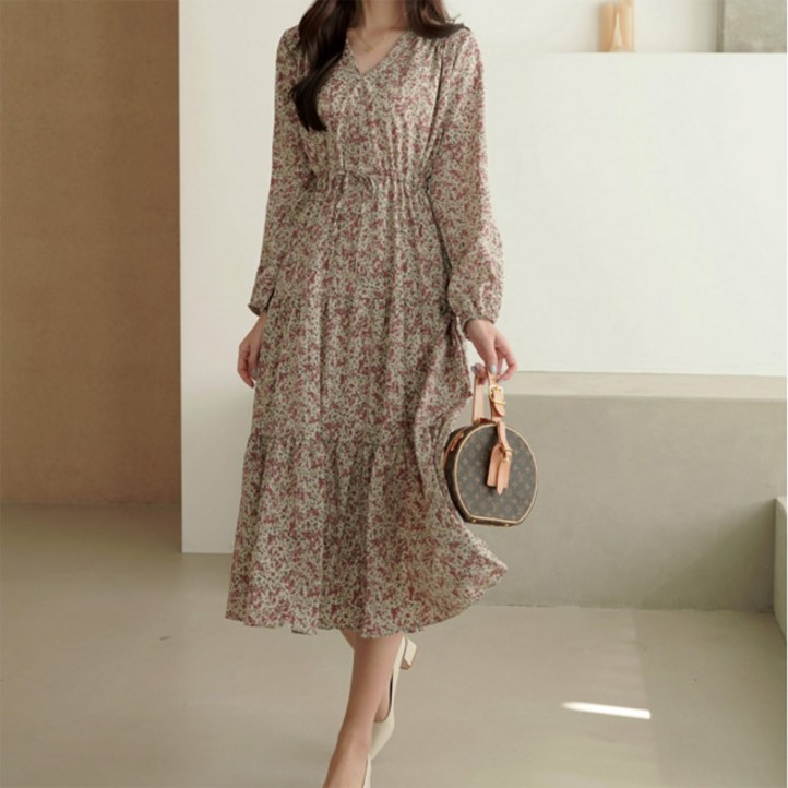 D1088 메린슈 빅사이즈 봄가을 플라워 쉬폰 롱원피스 44120