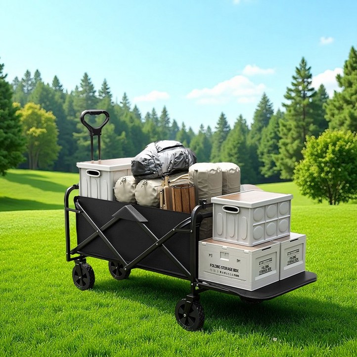 MoCaLiLi 폴디드 오픈 접이식 웨건 휴대용 대용량 캠핑카, 1개, 블랙