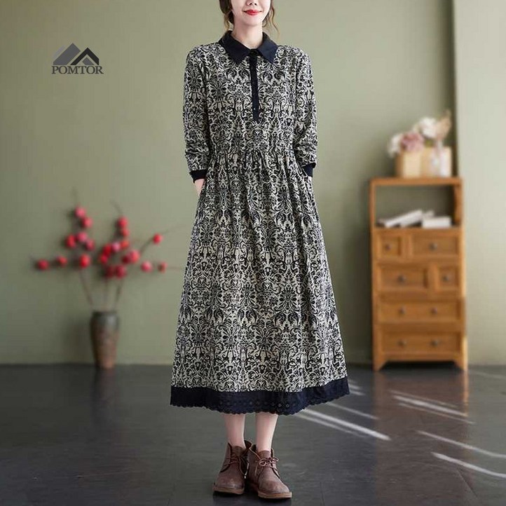 POMTOR 여성 봄 가을 플라워 롱 원피스  레이스 루즈 긴팔 원피스 데일리룩