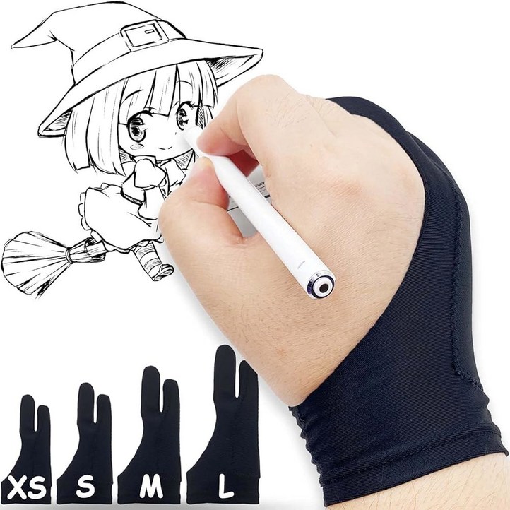 AKX 아티스트 글러브 그래픽 태블릿용 팜 리젝션 드로잉 아이패드 스머지 가드 2핑거 왼손과 오른손에 좋은 블랙 미디엄 2팩