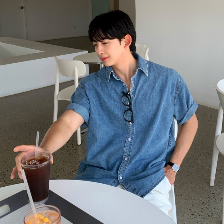 남자 여름 루즈 오버핏 릴렉스드 청 데님 반팔 셔츠 남방