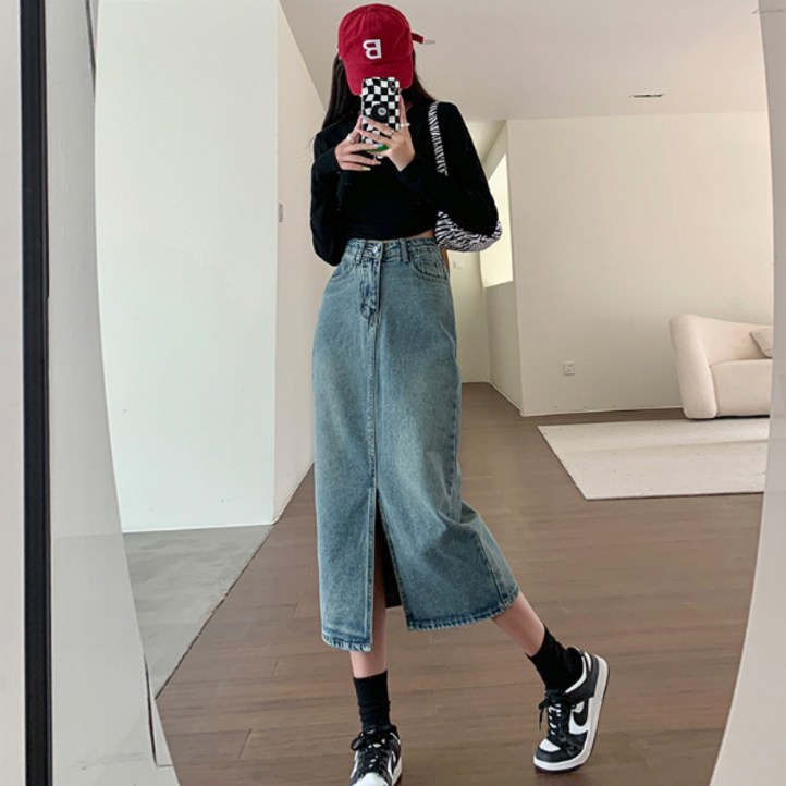 태영스토어 여성 앞트임 빈티지 데님 롱 청치마 스커트