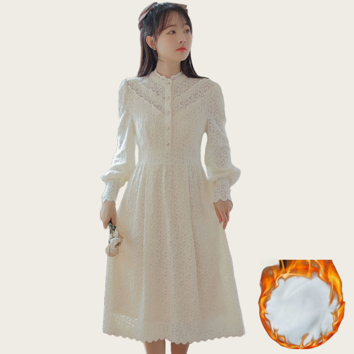 Makone 여성 봄 가을 레이스 기모 롱 원피스