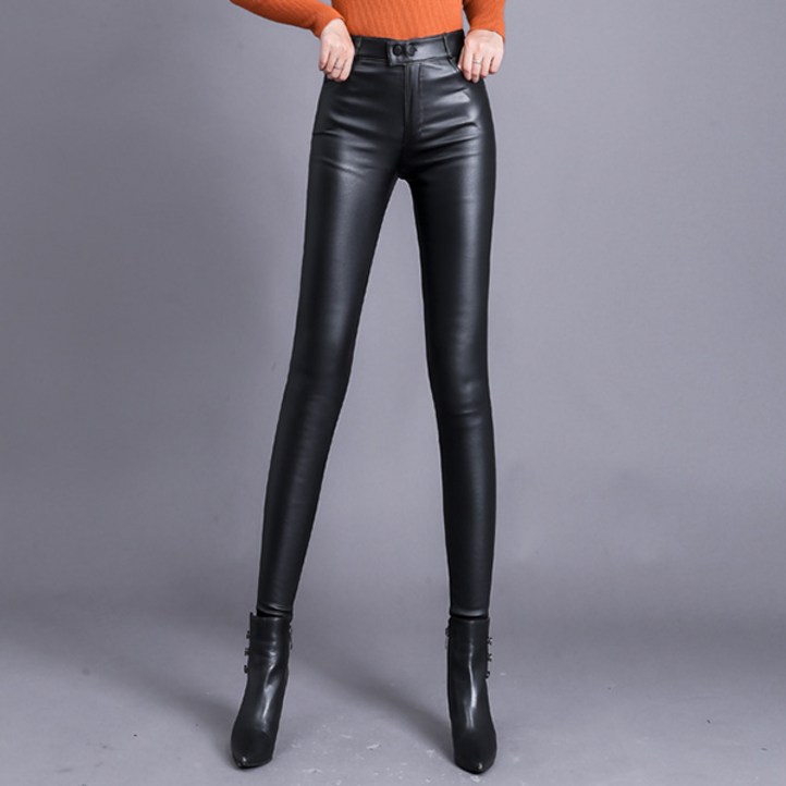 슬림소녀 여성 가을겨울 슬림핏 무광택 기모 스키니 가죽 바지