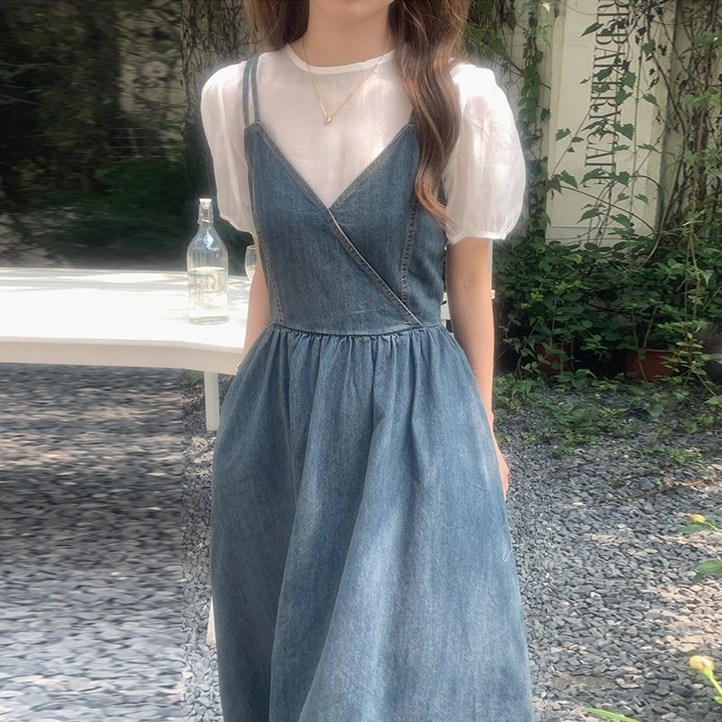 여름 데님 뷔스티에 브이넥 스모크밴딩 레이어드 진청 롱원피스 데님원피스