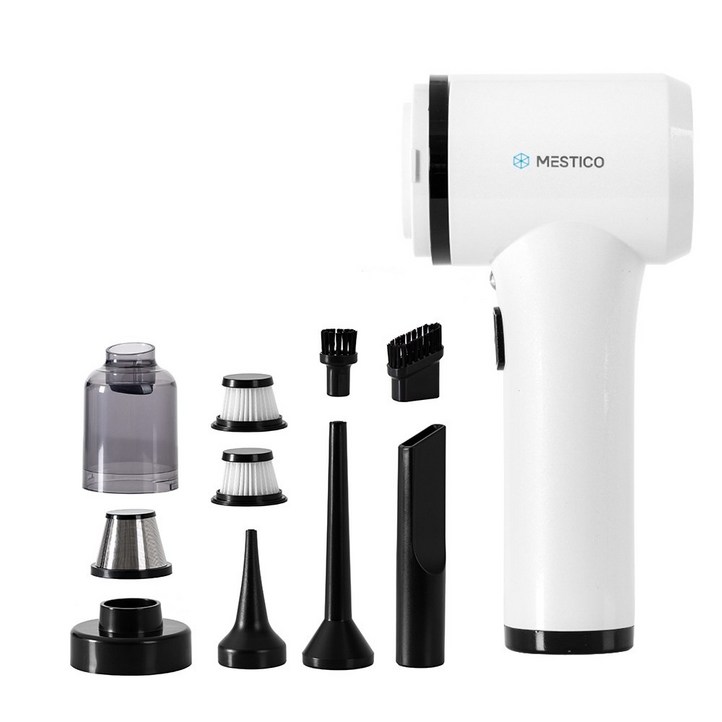 미스티코 초강력 무선 차량용청소기 에어건 겸용, 먼지보이는 그린 LED 휴대용 핸디 미니 청소기 필터 2개노즐 5종