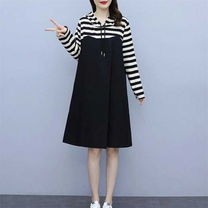 TKX 후드 원피스 여성 스트라이프 A라인 봄가을 캐주얼 스타일 오버핏 휴가룩 K87