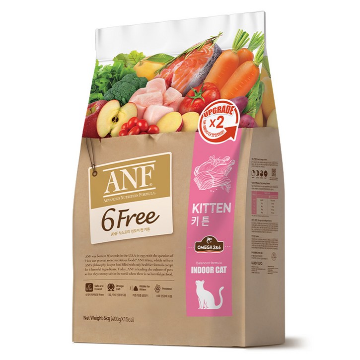 ANF 생후 12개월 이전 식스프리 인도어 캣 키튼 건식사료, 피부/피모, 6kg, 1개