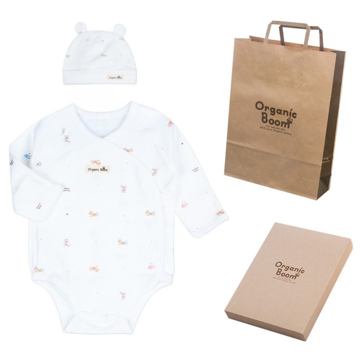 오가닉붐 신생아용 말띠해 스냅 배냇 바디슈트 + 모자 + 쇼핑백 + 상자 세트