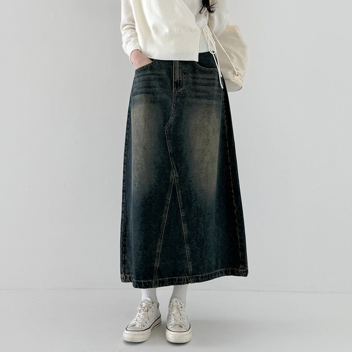 라라온 기본/숏 기장 2단 빈티지 워싱 A라인 롱 데님 스커트 25TSP3373