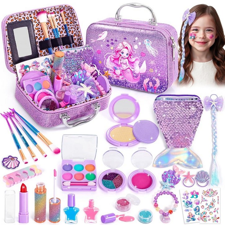 HohoSUN 선캡lar 유아용 아동용 메이크업, 세탁 가능한 메이크업 세트 무독성 인어 장난감, 여아용, 어린이 머리카락, 매니큐어, 브러시, 지갑 액세서리, 공주 크리스마스