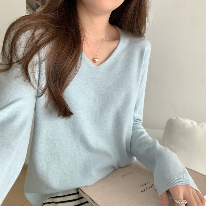 언헤브 여성용 브이넥 데일리 긴팔 니트