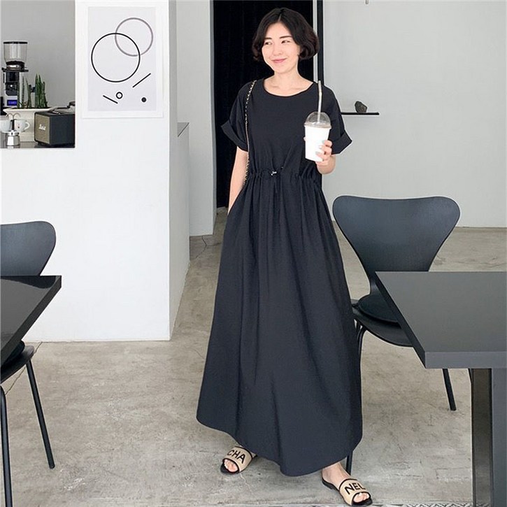 ORZQU 여름 여성 허리 조임 스트링 롱 스커트 루즈 라운드 캐주얼 원피스
