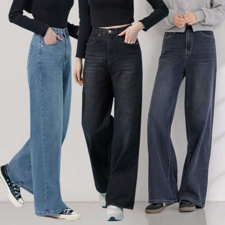 지기핏 3단 기장 스판 와이드 밴딩 데님 여성 청바지 S2XL 빅사이즈
