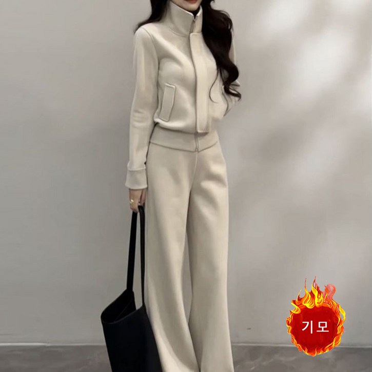 슬림소녀 여성 투피스 세트 가을 겨울 폴라 컴포트 코트 데일리 캐주얼 와이드 팬츠