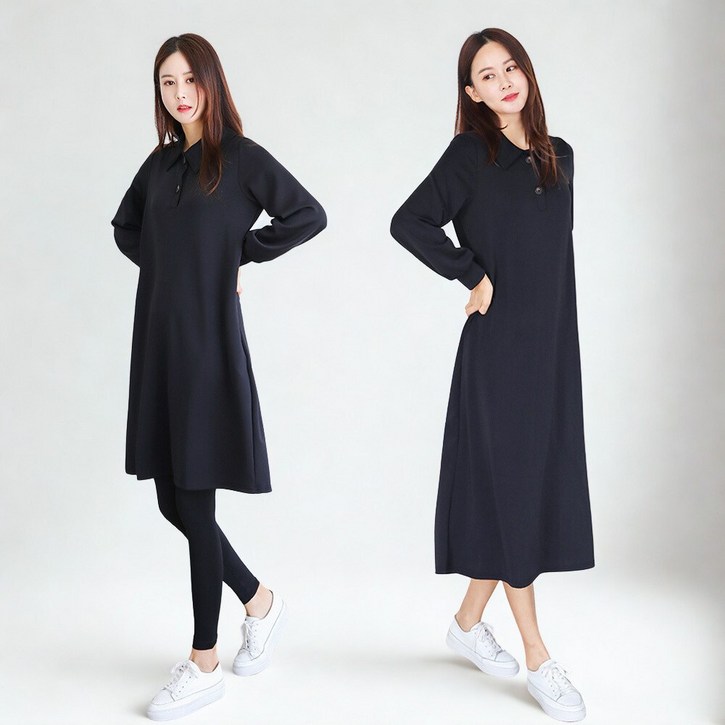 프롬코 11 여성 캐주얼 카라 루즈핏 미디 롱 원피스 세트 FRC132S