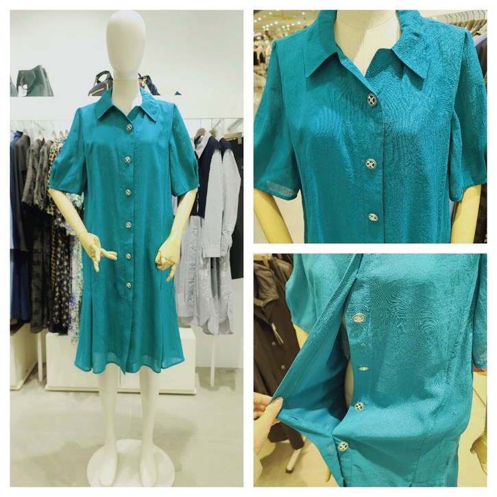 올리비아로렌 여름 카라 반팔 밑단 플레어 오픈 미디 원피스 nc청주점 vocoa4m5121