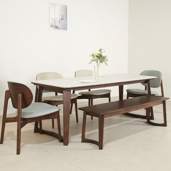 에런 아시아 월넛 원목 세라믹 포세린 4인용 6인용 식탁세트, 일반 3  벤치 1, 월넛