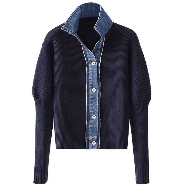 데님카라 니트 가디건 버튼 퍼프숄더 가을 겨울 블랙 청 패치 카디건