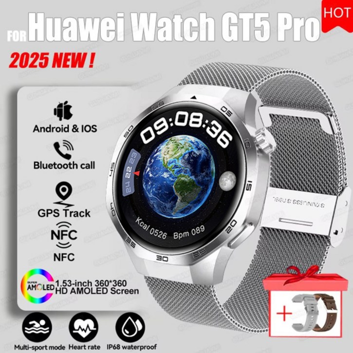 2025 화웨이 GT5 Pro GPS 트랙 스마트워치 남성용 360*360 AMOLED 스크린 NFC BT 통화 방수 건강 모니터 남성 스마트워치