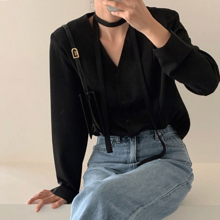 [당일출고 비침X/어깨퍼프/허리잘룩/하객룩]고퀄 타이 브이넥 긴팔 블라우스(리본소프트 스카프 결혼식하객룩 스트랩 크롭정장출근룩 블레이저 벚꽃룩봄못 청순빅사이즈 셔링벨트쉬폰)