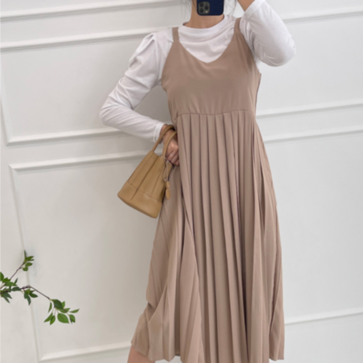 끈조절 뷔스티에 플리츠 롱원피스