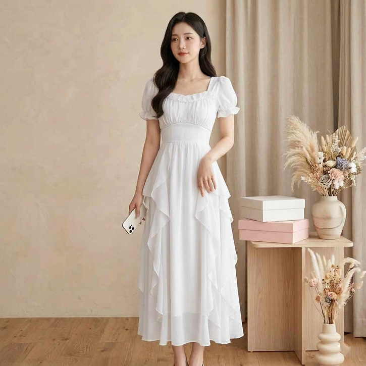 스타일닥터 스커트 여성 봄 퍼프소매 롱원피스 프렌치 레이어드 디테일 휴양지 데일리룩 화이트 루즈핏