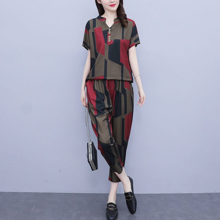 AOKADA 여성 반팔 티셔츠 9부 슬랙스 팬츠 여름 투피스 캐주얼 상하의 세트