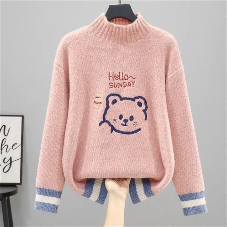 TKX 반목니트 여성 고급 터틀넥 스웨터 귀여운 캐릭터 디자인 소프트 도톰 티 KN89