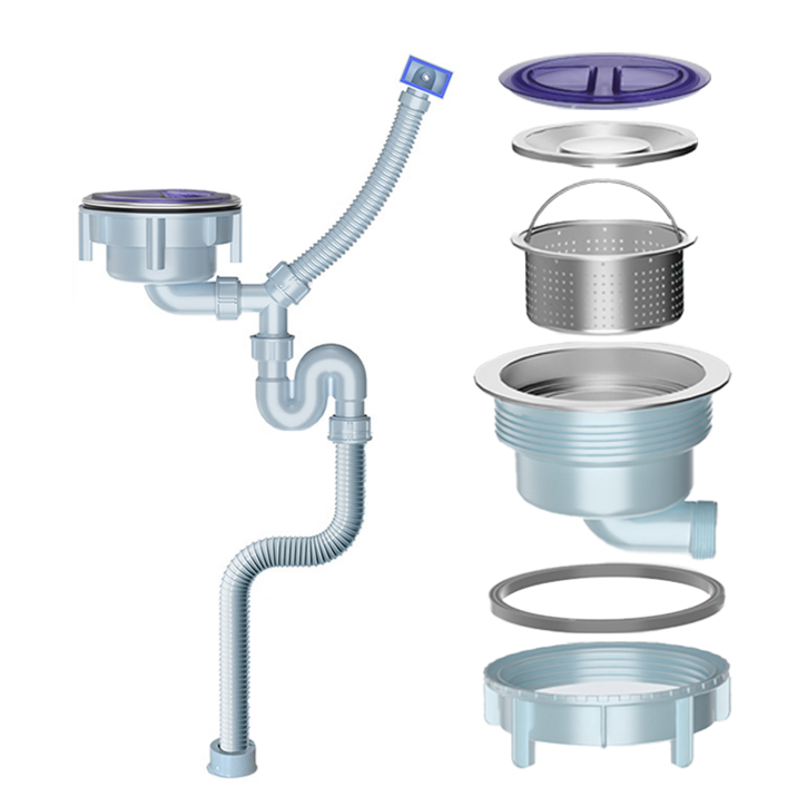 스텐 싱크대 배수구 세트 주방 싱크대 S형 방취트랩 배수구 OF 고니, 1세트, 스텐