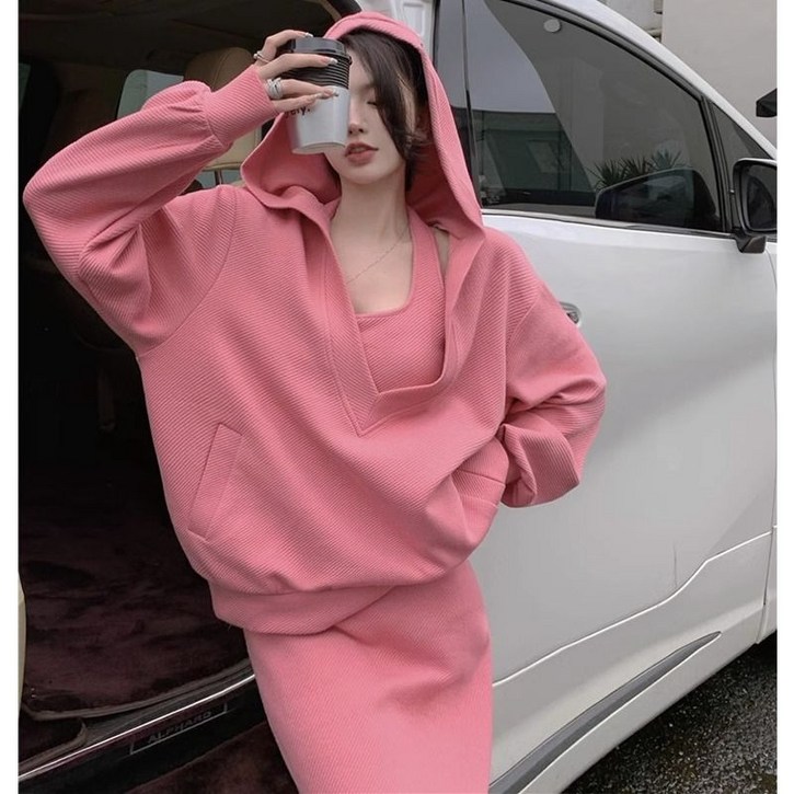 여성용 슬림한 니트가디건원피스 세트 가을 겨을 투피스 치마세트 긴팔티 스커트 상하세트 HF