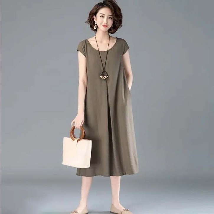 AOKADA 여성 린넨 라운드 오버핏 핀턱 A라인 원피스