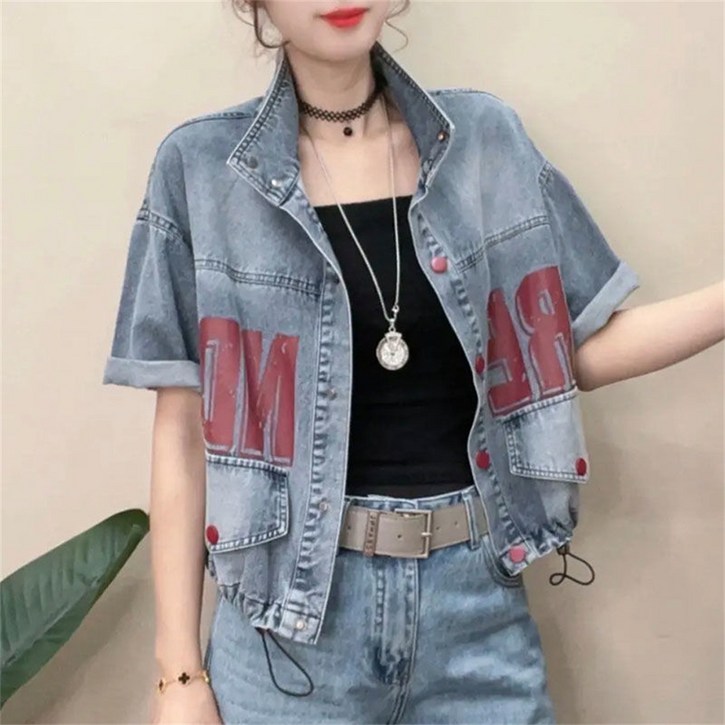 TKX 여성용 데님 재킷 청재킷 캐주얼 스타일 레터링 프린트 반소매 넉넉한 핏 오버사이즈 K76