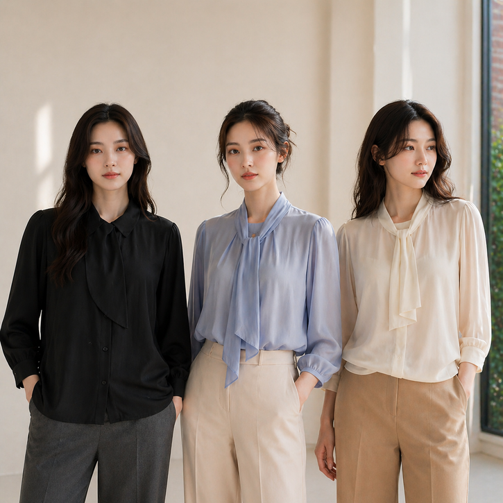 여성 간절기 쿨 터치감 하객룩 쉬폰 스카프넥 블라우스 3종_RDSFB037