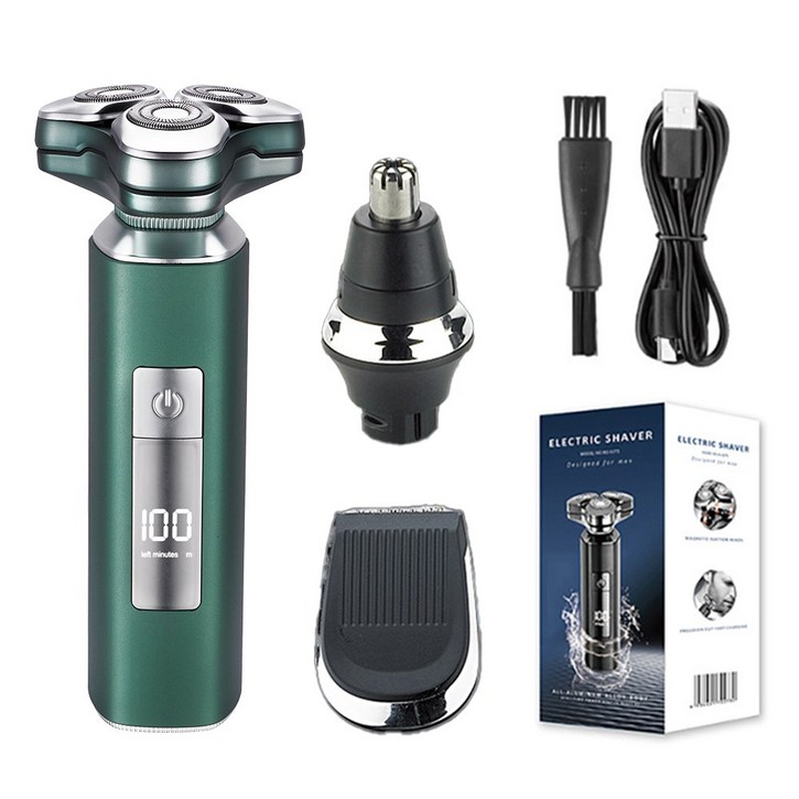 Schtus 전기면도기 IPX7 완벽방수 3in1 면도기 세트 코털 트리머 구렛나루정리 C타입충전식, KS0273, 다크그린