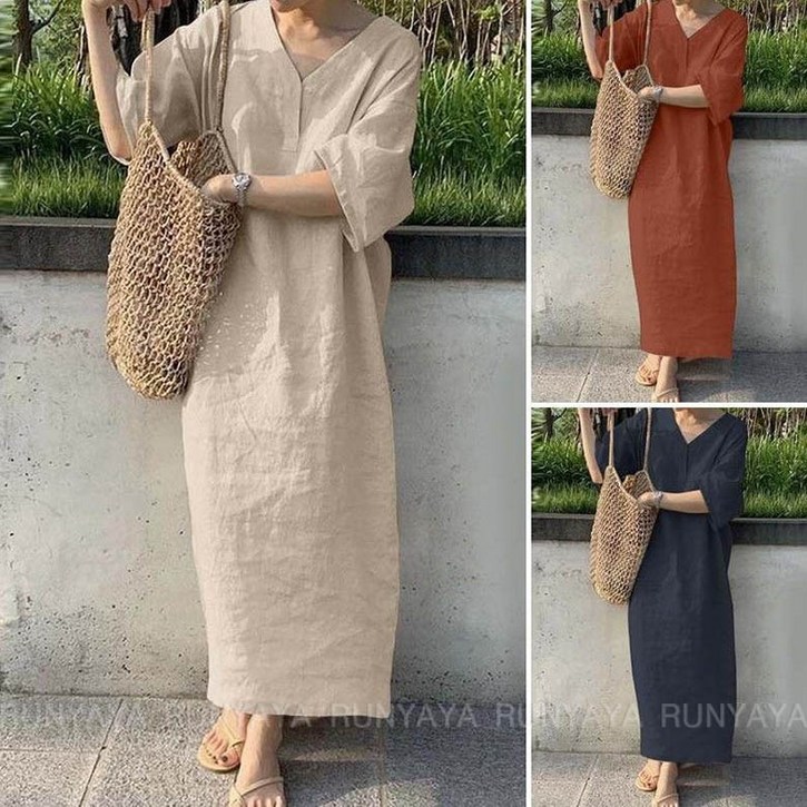 시원한 면 마 치마 빅사이즈 S-5XL 루즈핏 린넨 롱티 미디롱 박시티  여름린넨원피스  여성치마 데일리룩 D99U