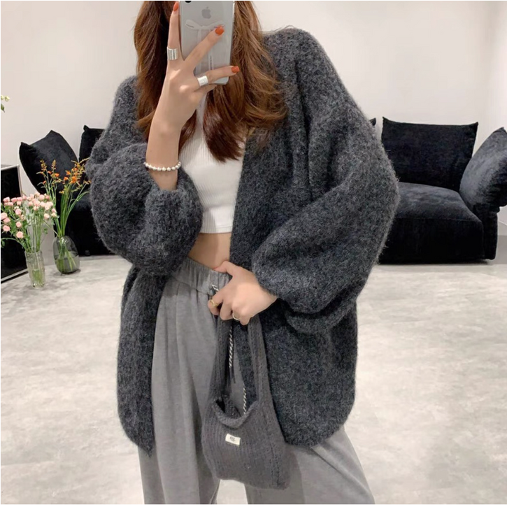 체인지쉬(change she) 여성 루즈핏 보들보들 벌룬소매 니트 가디건