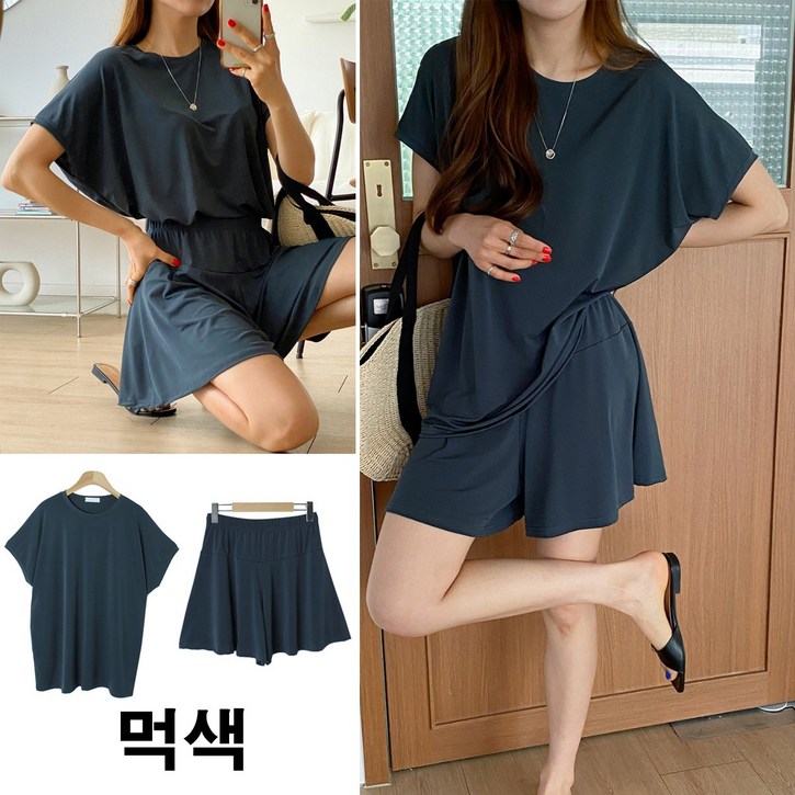 러브포텐 여성 루즈핏 여름 쿨 트레이닝복세트 가오리핏 반팔티+ 밴딩 치마반바지 상하세트 아이스 홈웨어셋업