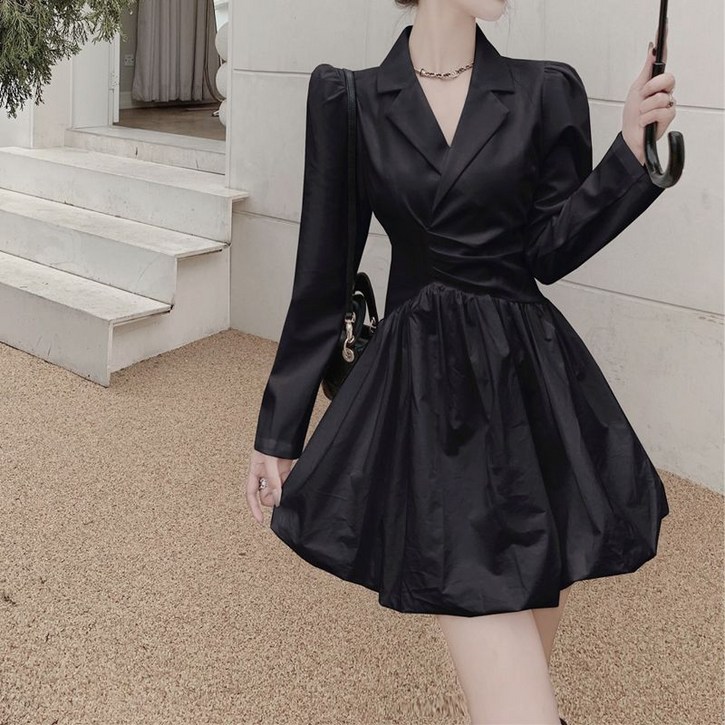 COSYEVNO 여성 정장 원피스 가을 빅사이즈 패션 브이넥 허리셔링 언밸런스 긴팔 꽃봉오리 스커트 lyjszlyq-8