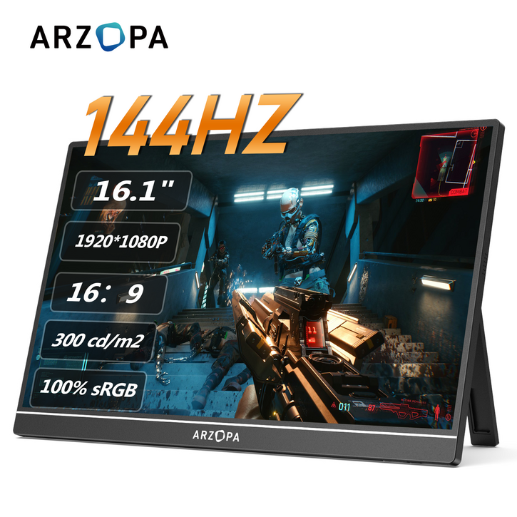 ARZOPA 아르조파 16.1인치 144Hz FHD 1080P 100sRGB IPS 휴대용 게이밍 모니터 노트북 맥북 PS5 스위치용, Z1FC, 40.92cm
