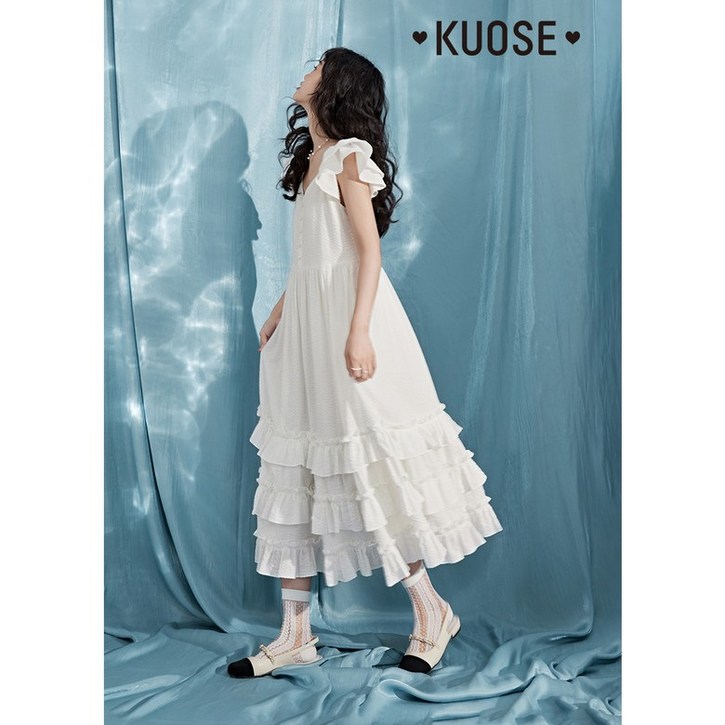 KUOSE 쿠오세원피스 브이넥 드레스 민소매 화이트롱 원피스