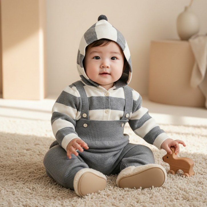 몽실이 방울 후드 니트 멜빵세트 유아 아동 상하복 외출복 멜빵 우주복