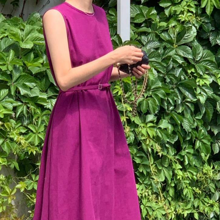 자체제작 루어스룸 로이 에이라인 민소매 벨트 코발트 비비드 린넨 A라인 나시 롱 원피스2color