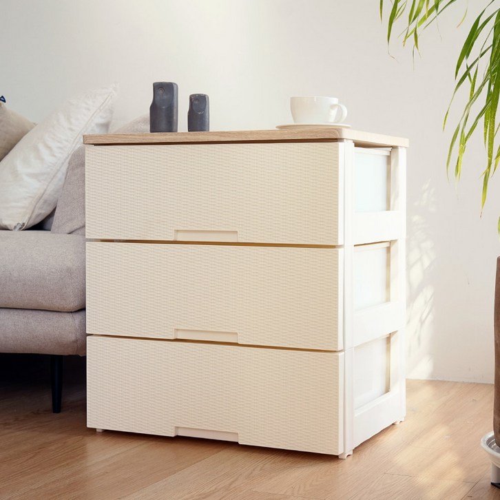 보노하우스 국내 제조 라탄플러스 우드상판 서랍장, 모던 화이트, 3단