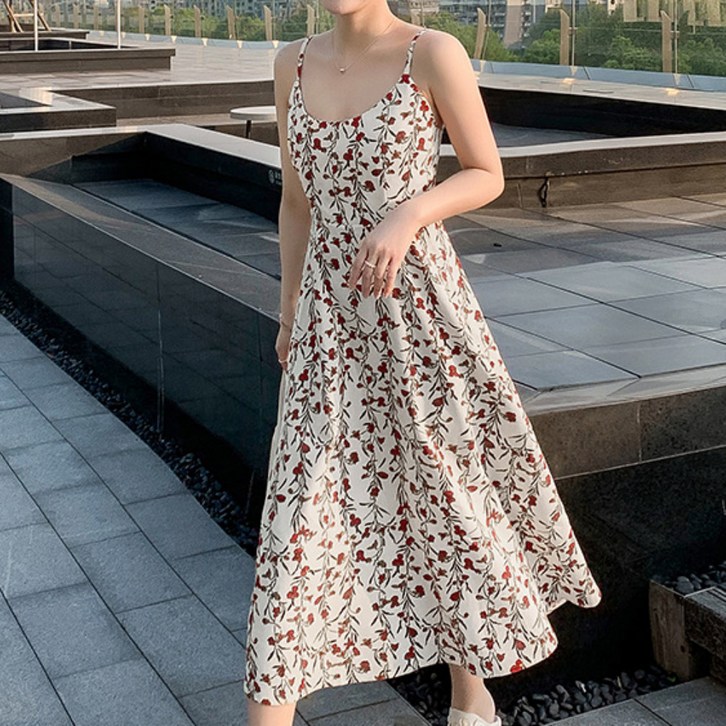 마켓피아 여성용 여름 플라워 끈나시 플로럴 롱 원피스 빅사이즈 포함